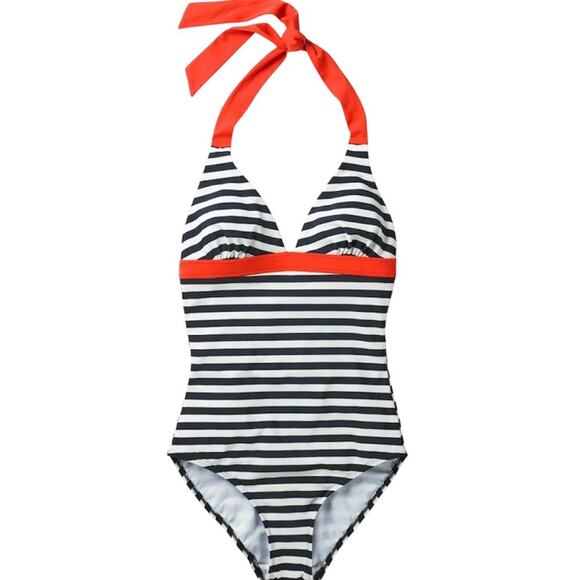BODEN Positano Halter One-Piece Swimsuit, Black/White Stripes, Poppy Accents, 6 - Picture 1 of 6
